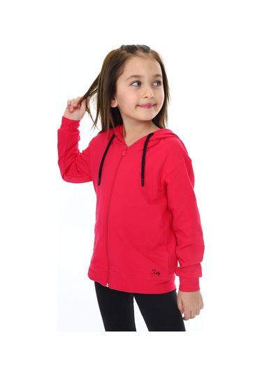 Toontoy Kız Çocuk Kapüşonlu Fermuarlı Cepli Düşük Omuz Nakış Baskılı Örme Hırka - 2 İplik Koyu Fuşya