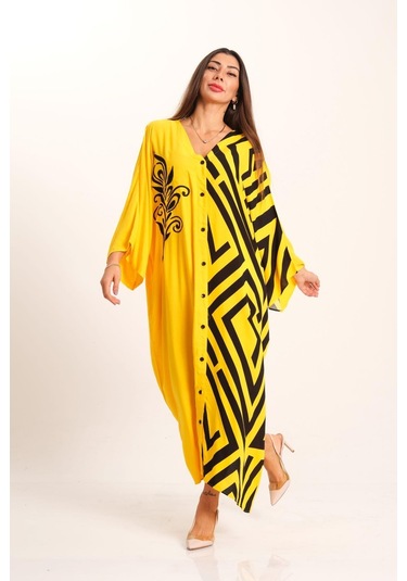 Kadın Sarı Desenli Garnili V Yaka Yarasa Kol Cepli Oversize Uzun Gömlek Elbise - Sarı