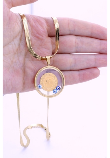 22 Ayar Çeyrek Altınlı Şeffaf Çerçeveli Çelik Kolye