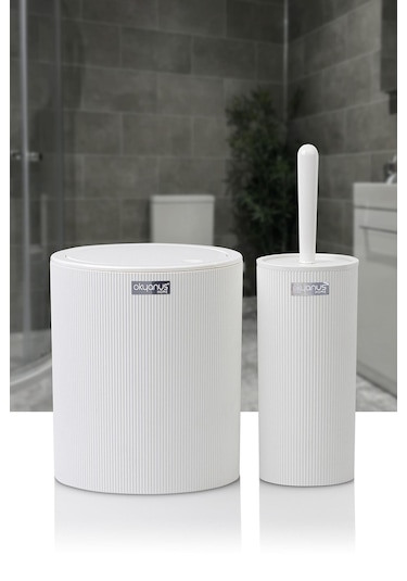 Okyanus Home Mina Beyaz Çizgili Yuvarlak 2'li Wc Kova ve Fırça Seti Beyaz