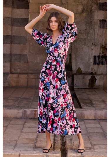 Monamise 23025 Kadın Fakir Kol Çiçekli Elbise-çiçekli Çok renkli