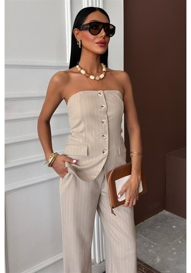 Straplez Büstiyerli Plazzo Pantolonlu Çizgili Takım 10151 Bej
