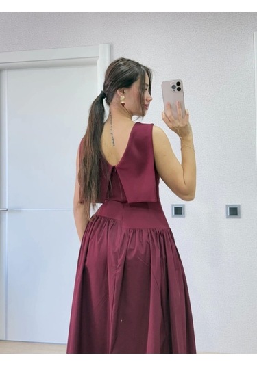 Arkası Kanatlı Uzun Elbise- Bordo Bordo