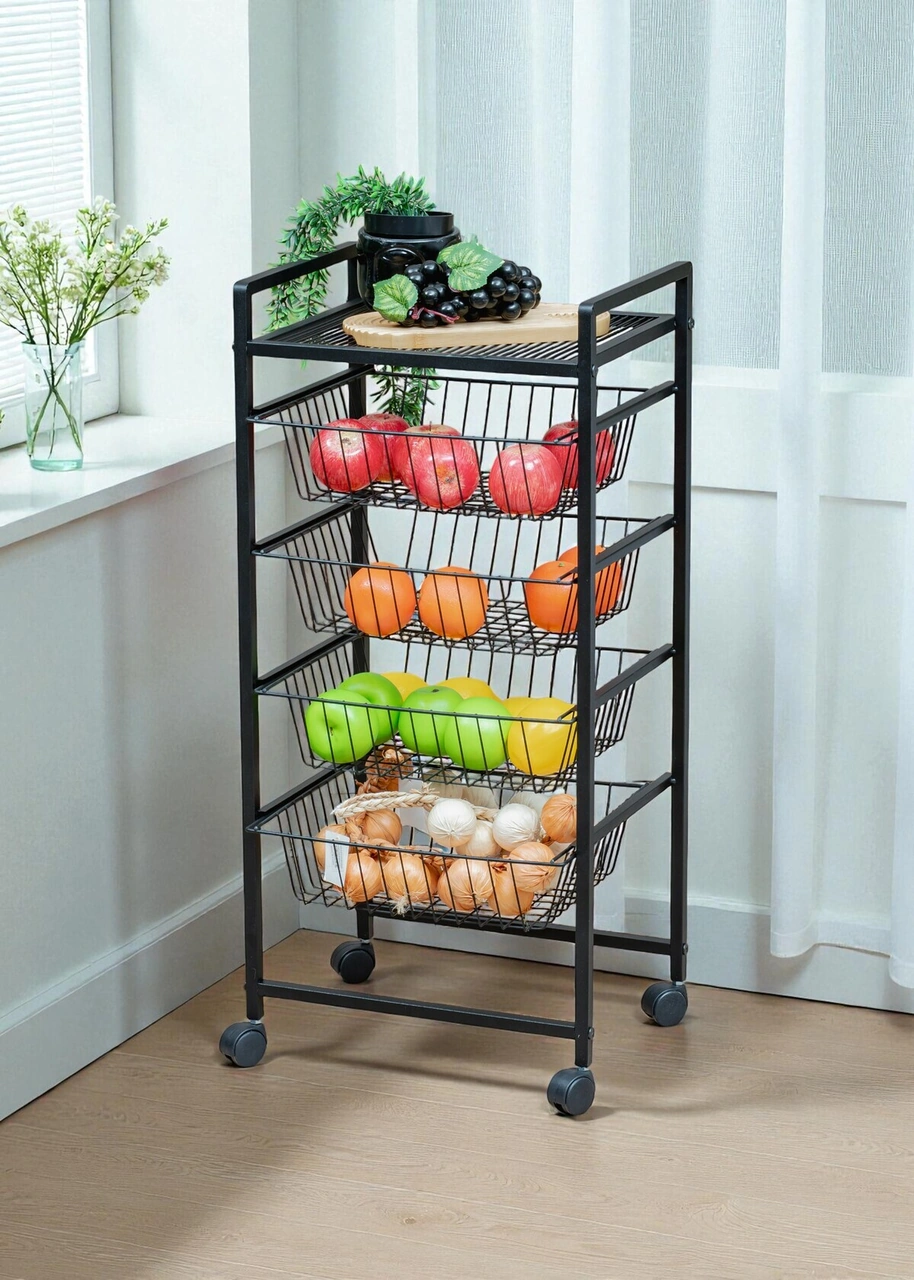 Dekoratif Siyah Metal Sebzelik Tekerlekli 4 Raflı Tel Sepetli Çok Amaçlı Stand Siyah