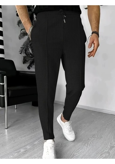 Erkek Yüksek Bel Önden Bağcıklı Cepli Waffle Pantolon Siyah