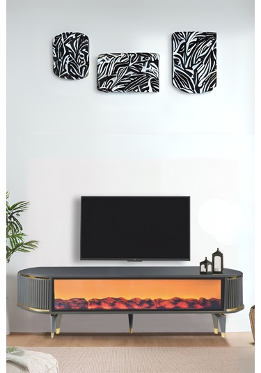 Talia Şömineli Tv Sehpası - Antrasit - Gold Antrasit - Gold