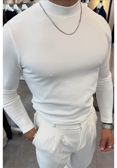 Yarım Balıkçı Pamuk Örme Likralı Esnek Rahat Kumaş Pileli Pantolonlu Takım Beyaz