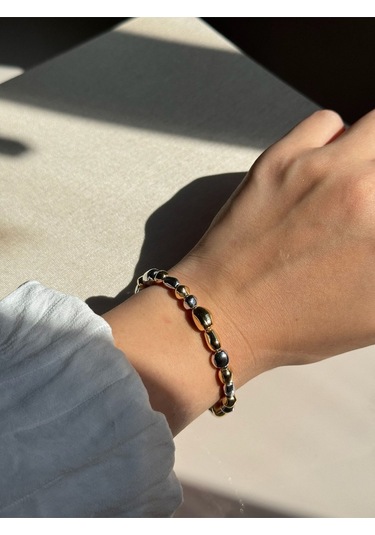 Çift Renk Taş Formlu Kadın Çelik Bileklik Altın & Gümüş Detaylı Altın