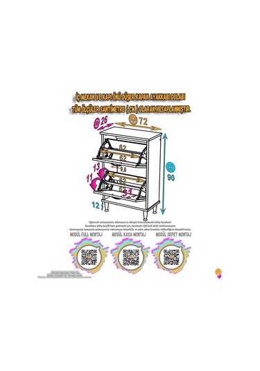 Modilayn Umay Antre Hol 72x 90x 26 Cm Lik 2 Düşer Kapak 4 Göz Bölmeli Ayakkabılık Antrasit - Beyaz