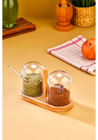 Kaşıklı Şeffaf Kapaklı Ahşap Standlı 2'li Kavanoz Baharat Seti ŞEffaf