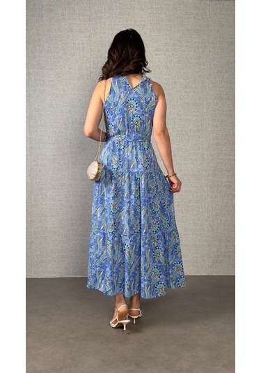 The İstanbul Kadın Omuzlardan Açık Boyundan Geçmeli Desenli Süprem Bluz Mavi