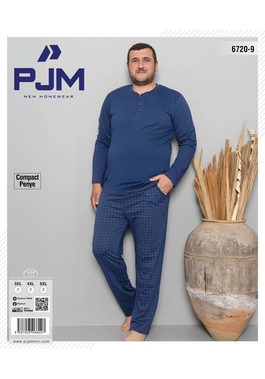 Pijamoni Erkek Battal Düğme Yaka Penye Uzun Kol Pijama Takımı 6720/9 - 1 Adet Mavi