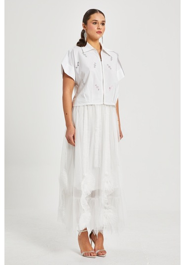 Kadın Tül Detaylı Uzun Etek Astarı Elastan Karışımlı, Özel Tasarım Beyaz