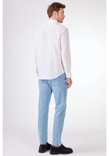 Beyaz Keten Düz Renk Regular Fit Erkek Gömlek Beyaz