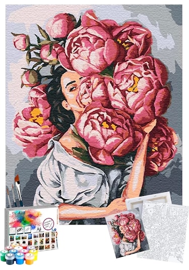 Sayılarla Boyama Seti 40 x 50 CM Tuval Şasesine Gerili Çiçekli Kadın