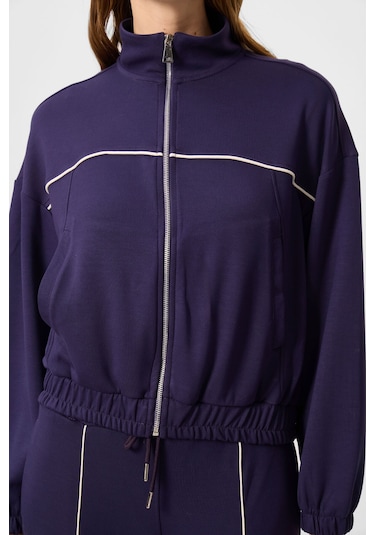 Koyu Mor Yumuşak Dokulu Dik Yaka Oversize Lastikli Kadın Eşofman Takım - 95349 Koyu Mor