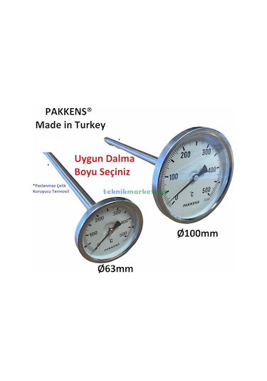 63 MM 500 C Derece 25 Cm Dalma Boylu Fırın Termometresi Pakkens