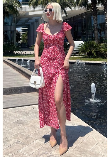 Madmext Kırmızı Desenli Yırtmaçlı Uzun Elbise Mg2004-kırmızı