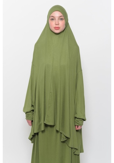 Pratik 2 Parça Pamuklu Yarasa Kollu Başörtülü Tesettür Namaz Elbisesi Fıstık Yeşili Antrasit