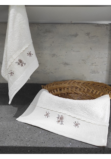 %100 Pamuk & Nakışlı Havlu Takımı - 2'li Dantelli Havlu Seti - 40x60 Cm Ekru Ekru