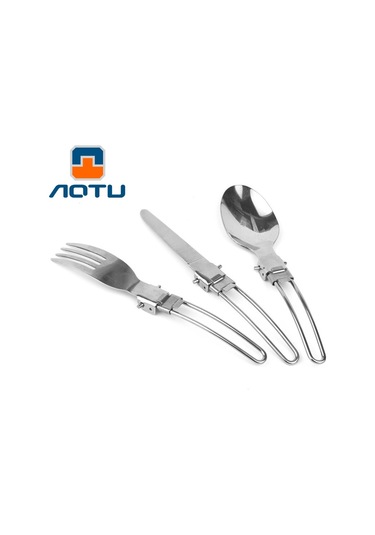 Aotu At6387 Dış Mekan Paslanmaz Çelik Katlanabilir Bıçak + Çatal + Kaşık Kamp, Yürüyüş Vb. İçin 3'ü 1 Arada Set.