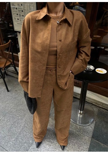 Süet Gömlek Palazzo Pantolon İkili Takım - Kahve Kahve