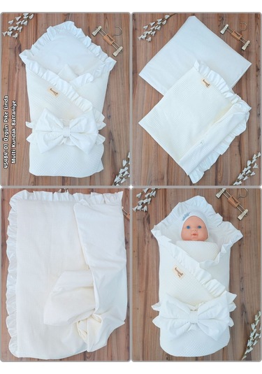 Pike Bebek Battaniyesi Kundağı %100 Pamuklu Çıkarılabilen İç Elyaf Yenidoğan Hastane Çıkışı Ekru