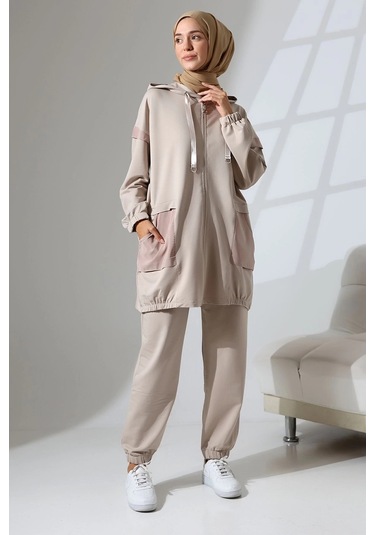 Kadın Taş Rengi Mevsimlik Penye Alt Üst Spor Ve Rahat Ikili Tunik Pantolon Şık Tesettür Takım Taş Rengi