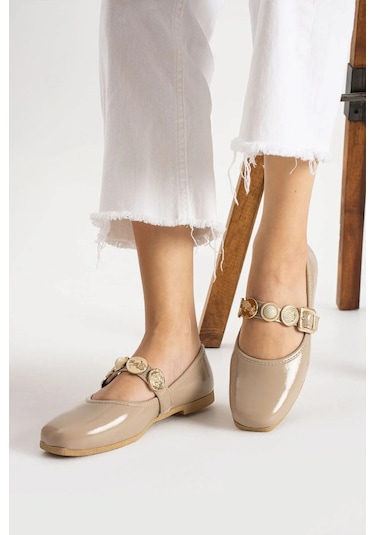 Günlük Kadın Babet Altın Para İnci Toka Ses Yapmaz Ortopedik Hafif Rahat Ayakkabı 110 VIZON