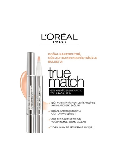 L'Oreal Paris True Match 2'si 1 Arada Göz Kremi Içeren Kapatıcı 1-2R Rose Porcelain