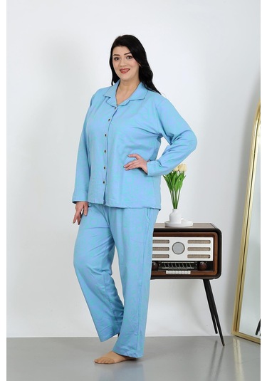 Akbeniz Kadın Büyük Beden Pamuklu Cepli Düğmeli Mavi Pijama Takım 202504 Mavi