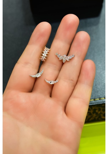 Çelik Üç Renkli 4'lü Kombinli Tragus Küpe Model6 Çok Renkli