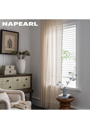1 Adet Napearl Brokar Pamuk Çözgü Örme Zanaat Perde Püsküller İle Oturma Odası Yatak Odası Ev Dekor İçin W150cm X L240cm Bej