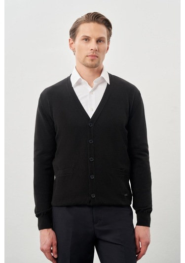 Siyah Uzun Kol Örme V Yaka Comfort Fit Rahat Kesim Klasik Triko Siyah