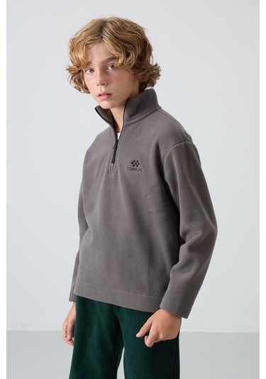 Tommy Life Koyu Gri Kalın Yumuşak Dokulu Standart Fit Nakışlı Polar Erkek Çocuk Sweatshirt - 11221 Koyu Gri