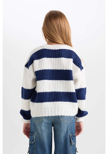 DeFacto Kız Çocuk Çizgili Bisiklet Yaka Triko Kazak A6009A824WNNV241 Lacivert