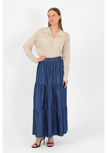 Beli Lastikli Büzgülü Tensel Etek Koyu Mavi