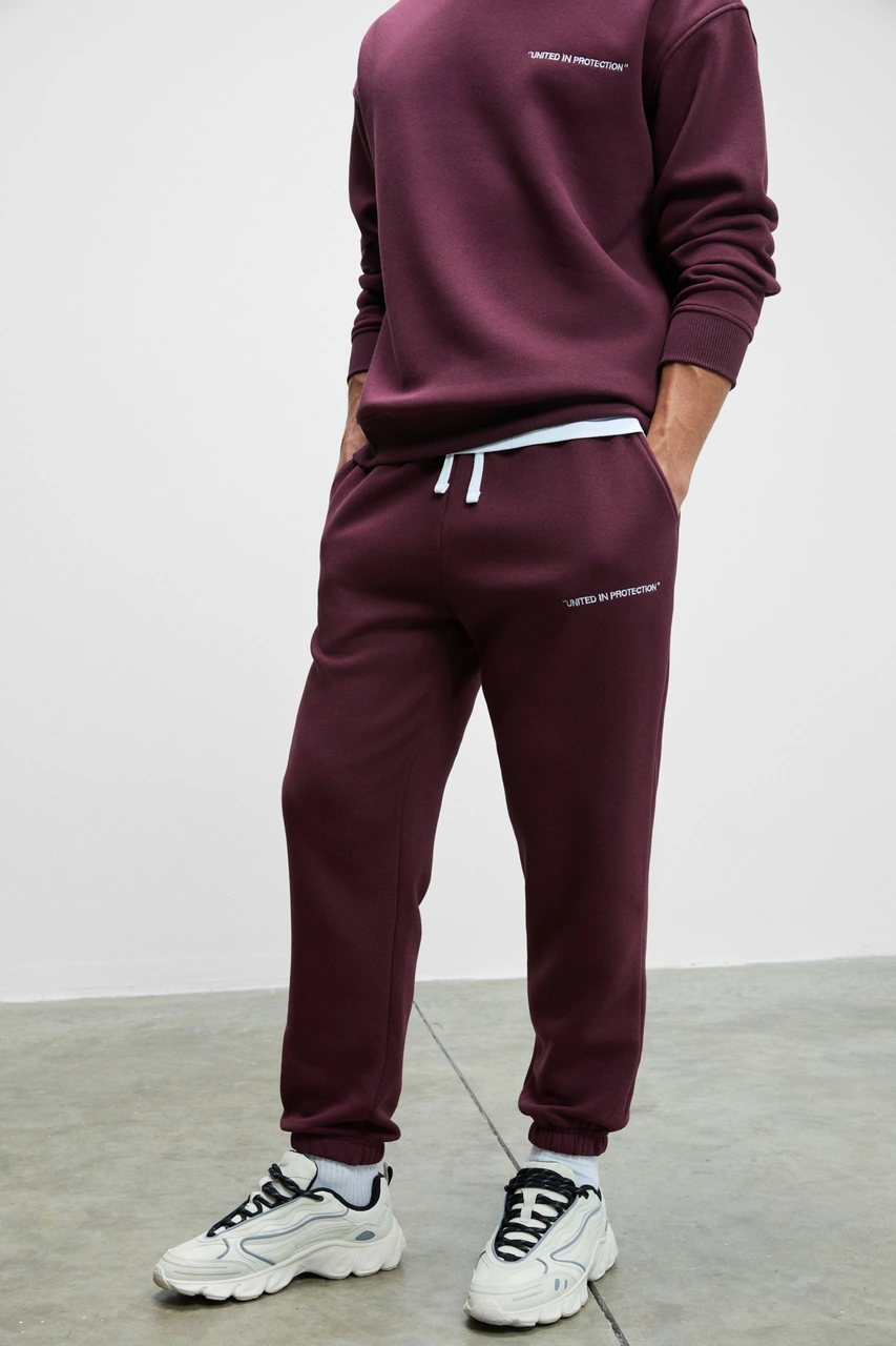 Grımelange Marshall Erkek Pamuklu İçi Polarlı Nakışlı Relaxed Bordo Eşofman Takımı Bordo