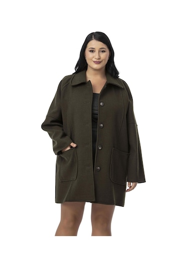 Büyük Beden Gömlek Yaka Reglan Kollu Torba Cepli Astarsız Kaşe Kısa Haki Kaban Haki