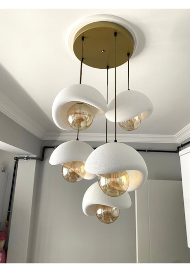 Modern 5'li Avize Beton Dokulu - Salon Ve Oturma Odası İçin Şık Tasarım Rustik Ampul Hediyeli Eskitme - Gold