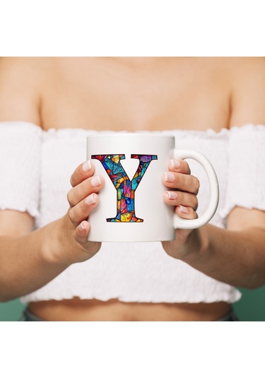 Y Harfi Bardak 330 Ml İsme/harfe Özel Hediye, Renkli Harf Tasarım Beyaz