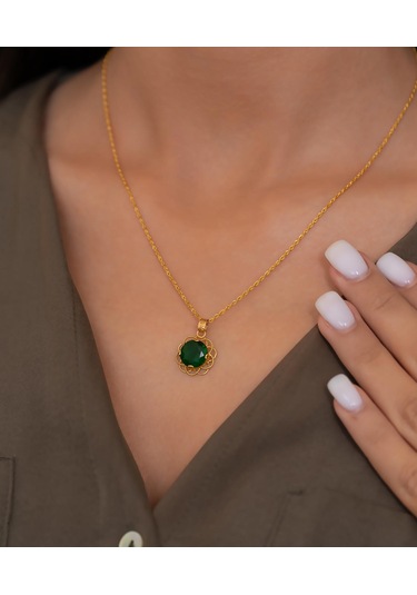 Bayar Gold 14 Ayar Altın Yeşil Taşlı Telkari Kolye Sarı Altın