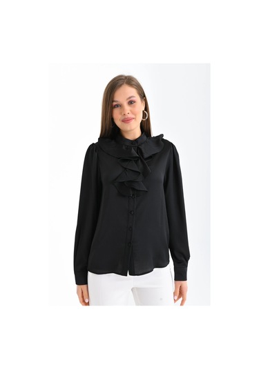 Kadın Siyah Hafif Dökümlü Volanlı Yaka Saten Gömlek 001