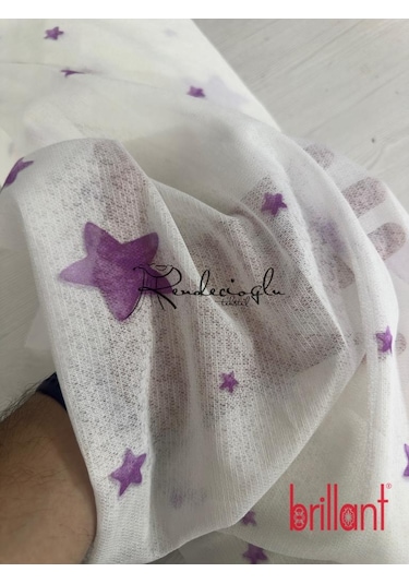 Brillant Marka Yıldız Desenli Tül Perde Örme Kumaş, Çocuk Odası İçin Özel Tasarım Mor Mor