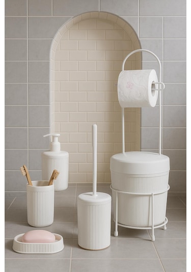 6 Parça Banyo Seti Çöp Kovalı Tuvalet Kağıtlığı-tuvalet Fırçası-sıvı Ve Katı Sabunluk-diş Fırçalık Beyaz