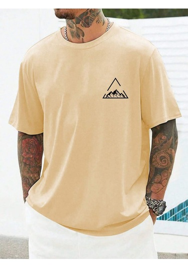Üçgen Dağ T-shirt - Sarı Baskılı Oversize Bisiklet Yaka Kısa Kol Tişört Sarı