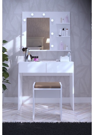 Dekorfim DF02104B Tabureli Çekmeceli Işıklı Aynalı Makyaj Masası