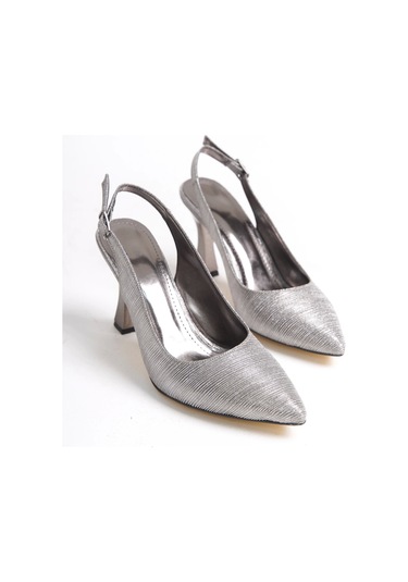 Pura Burnu Kapalı Arkası Açık Platin Simli Topuklu Ayakkabı PLATIN