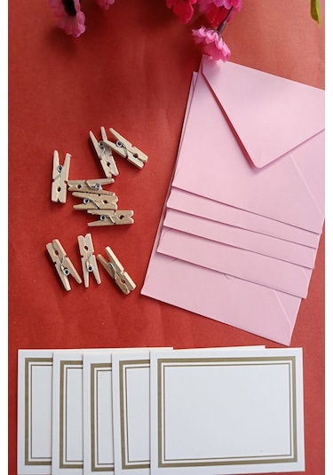 Pembe 10 Adet Mandallı Zarflı Not Kartı Seti- Hediye Kartı