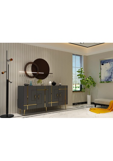 Honest Konsol Tv Sehpası Çok Amaçlı Dolap 150 Cm Antrasit Altın